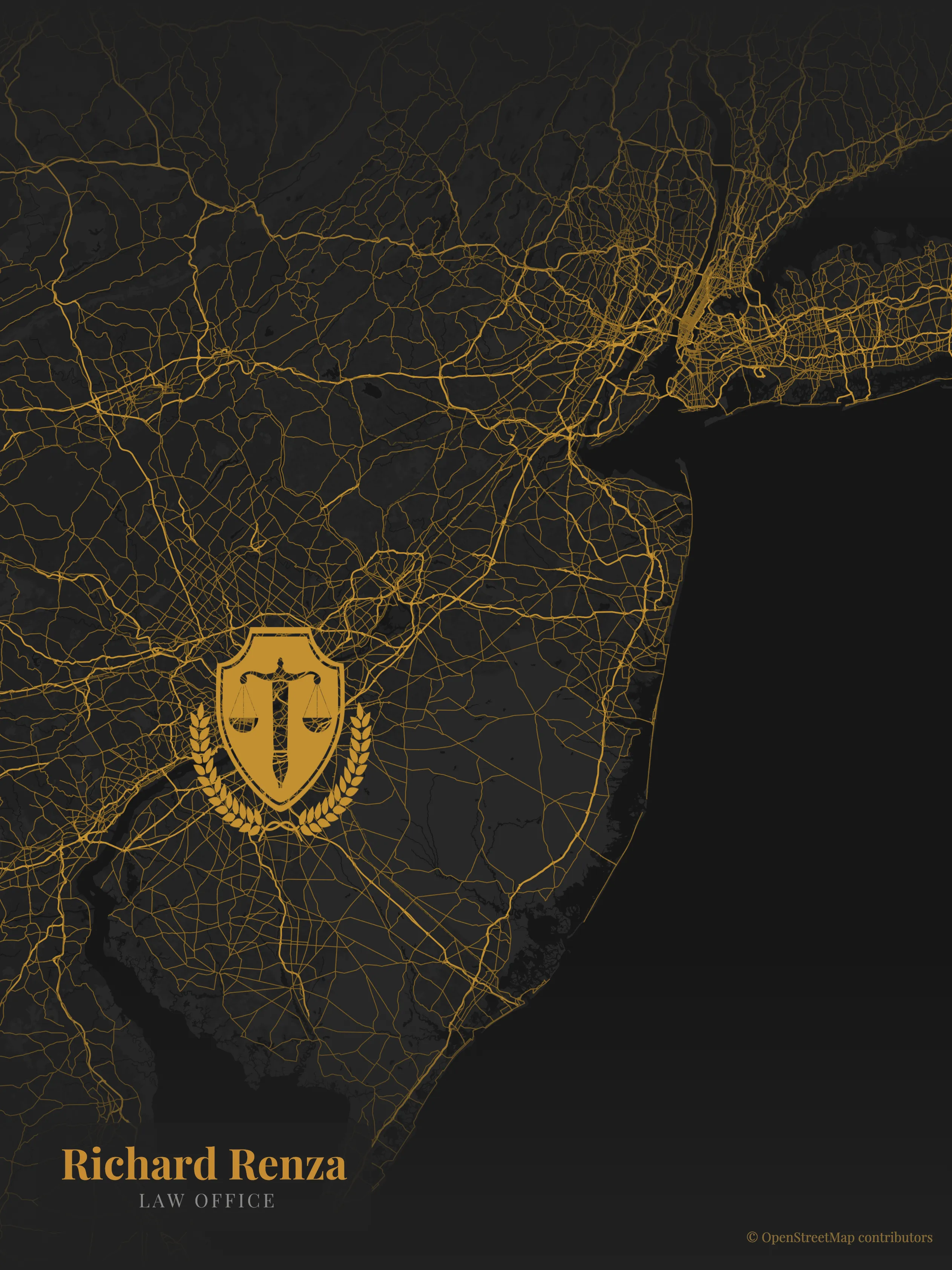 Road map of New Jersey with the Richard Renza Law Office marked in Collingswood